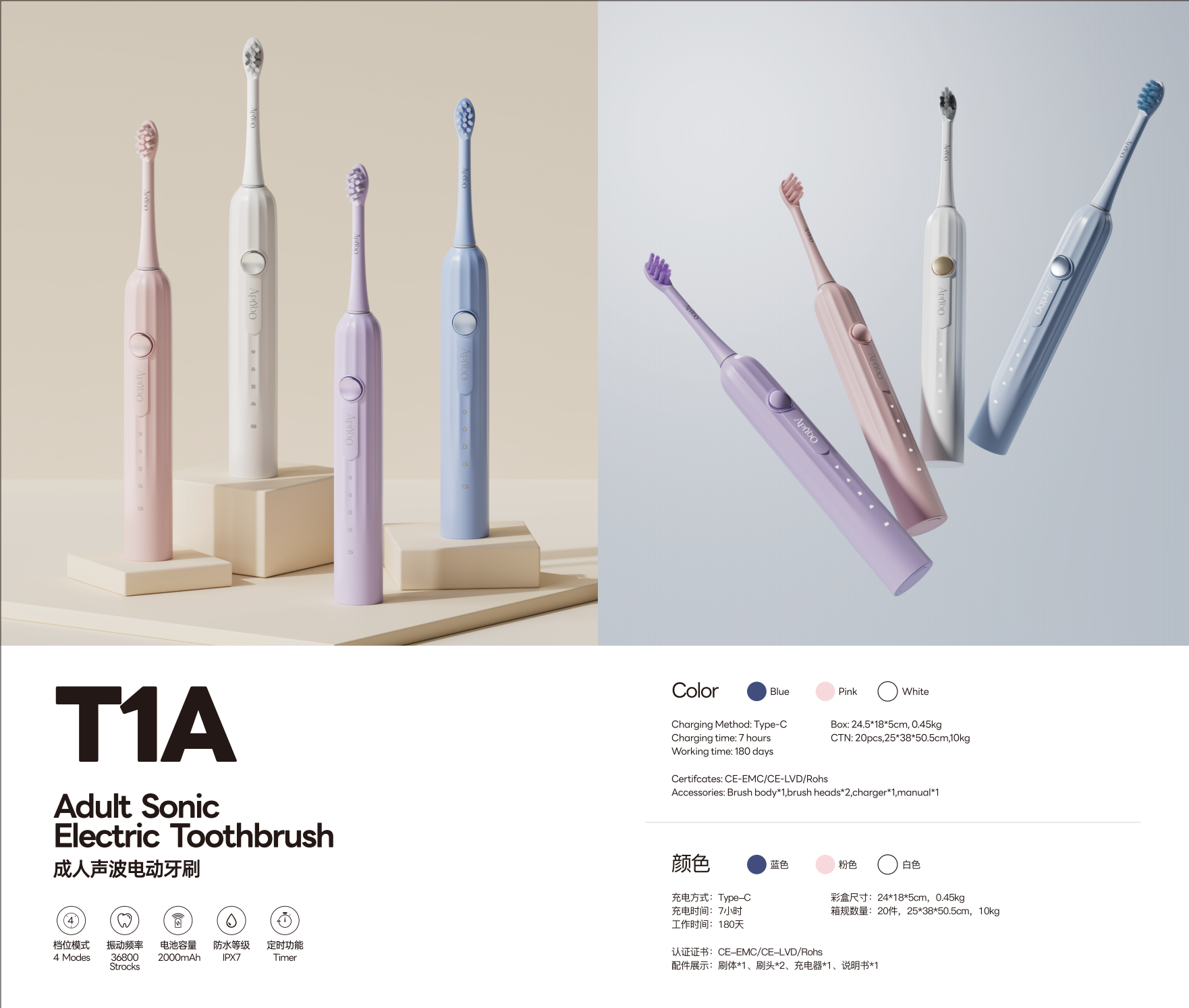 用户提供的T1A电动牙刷产品图片，展示粉色、白色、紫色和蓝色配色